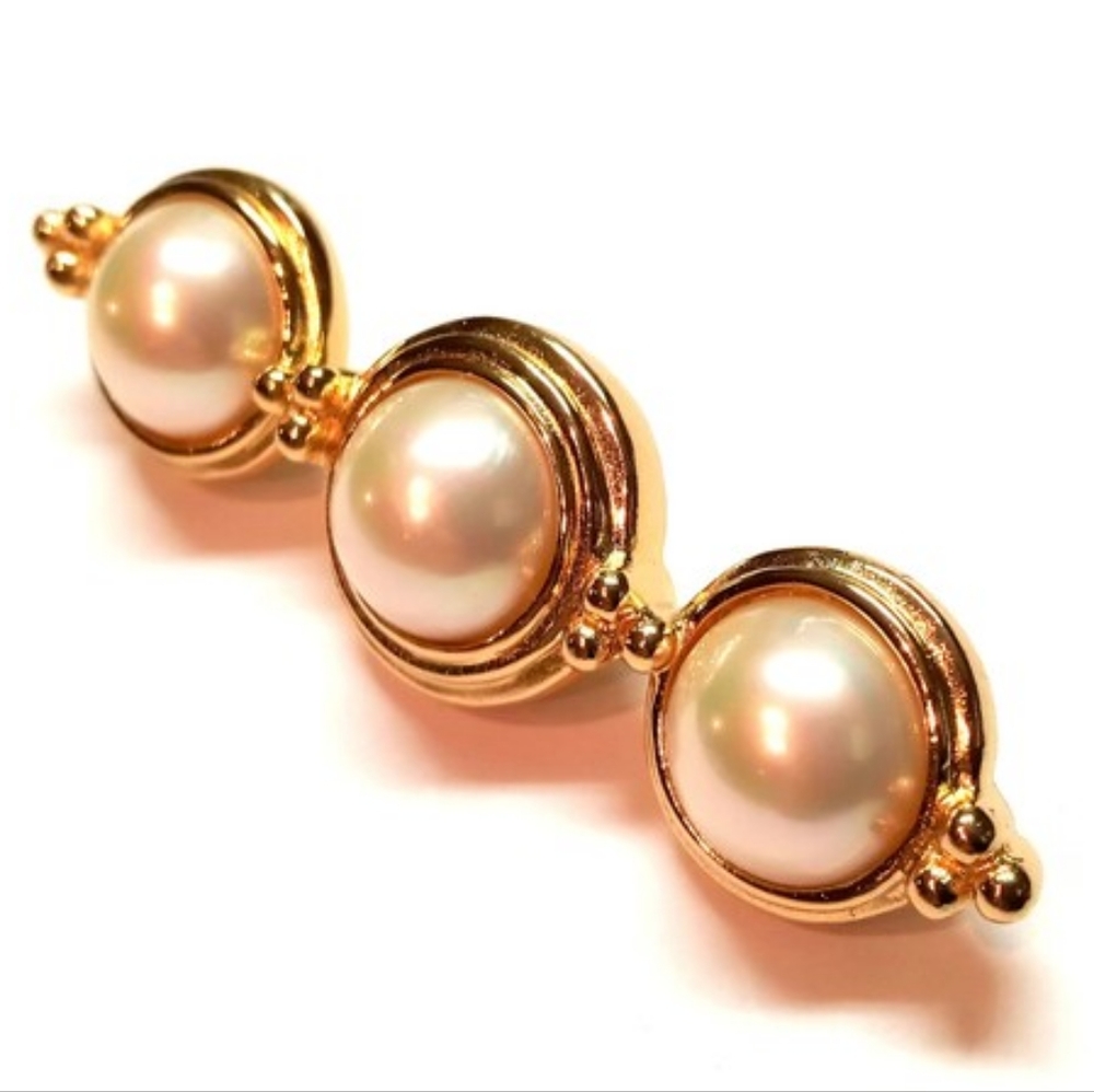 Christian Dior Gold Triple Pearl Cabochon Bar Brooch / Pin